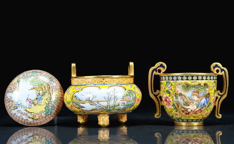 A Set of Bronze Overgild Painted Enamel Character and Story Pattern Ornaments(Box,Censer,Doub (1 of 16)