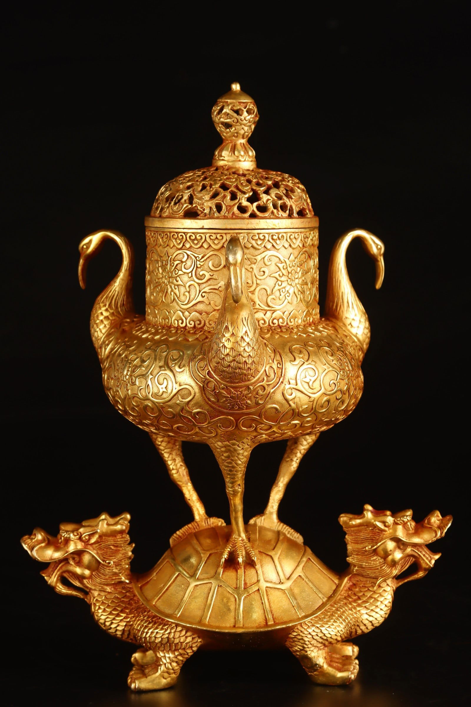 A Rare Gilt Bronze Lotus Pattern Turtle Crane Censer (1 of 9)