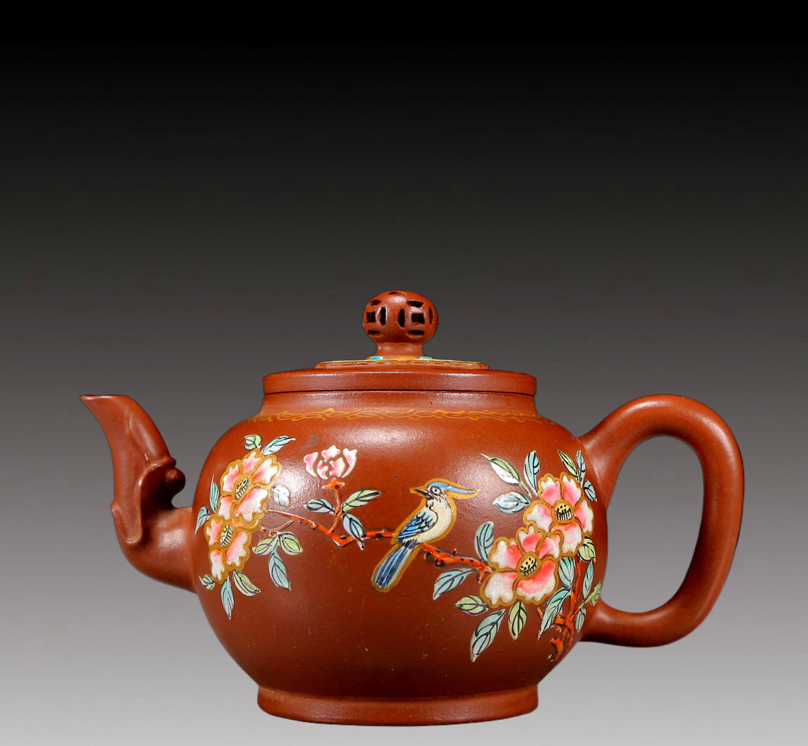 A Rare Purple Sands Painted Color Flower and Bird Pattern Teapot (1 of 9)