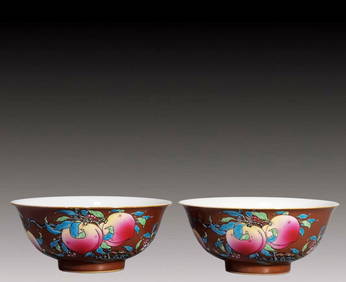 A Pair of Exquisite Brown Glazed Famille-Rose Bats and Peach Pattern Bowls (1 of 9)