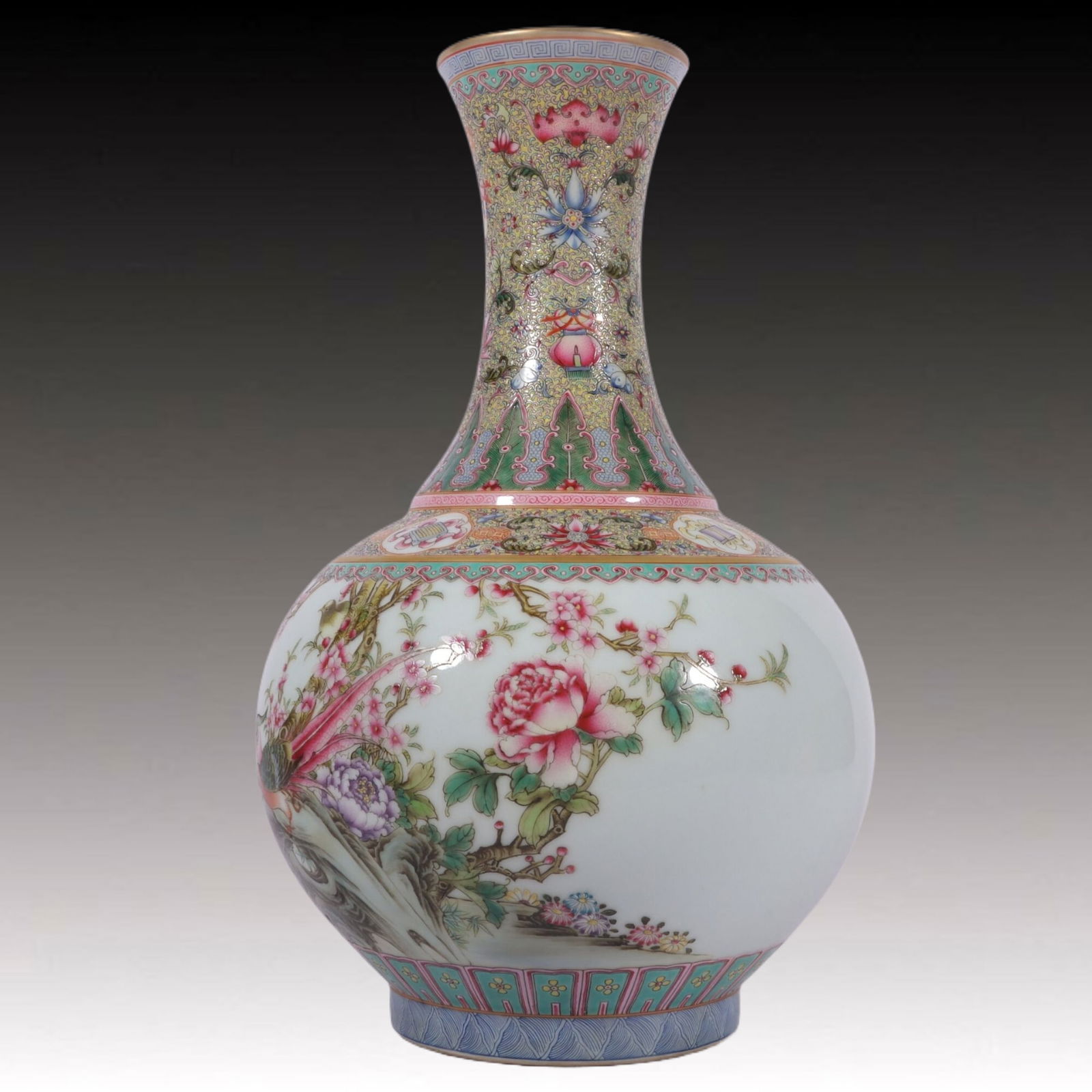 A Rare Famille-Rose Flower and Bird Pattern Vase,with poem (1 of 8)