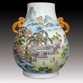 A Rare Famille-Rose Landscape and Figure Pattern Double-Ears Vase (1 of 8)
