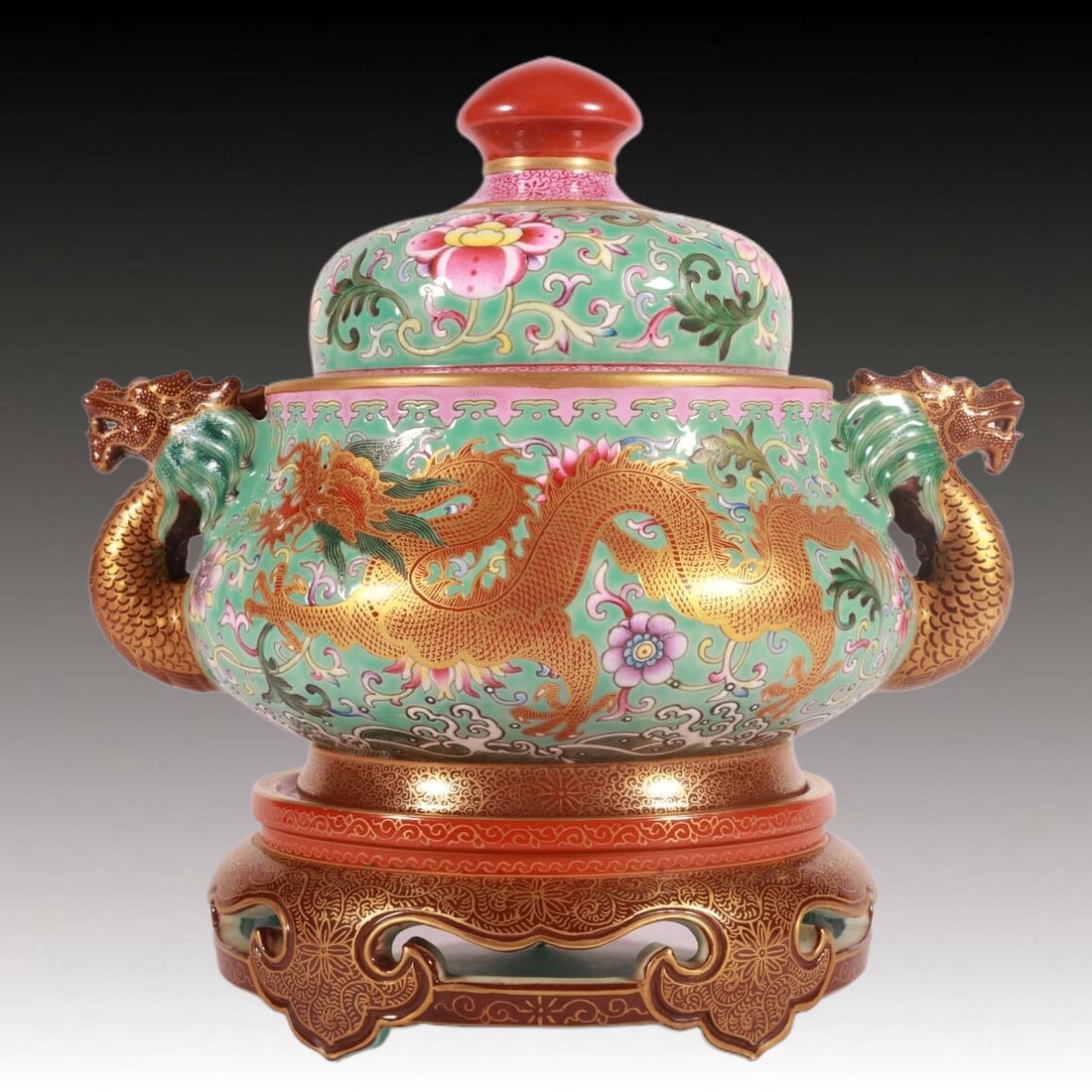 An Exquisite Enamel Green Ground Dragon Pattern Censer (1 of 8)