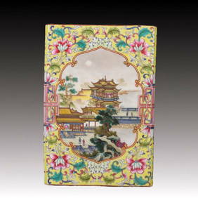 An Exquisite Famille-Rose Yellow Ground Landscape Pattern Brush Pot (1 of 8)