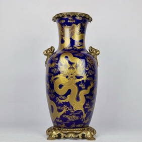 A Exquisite Ji Blue Glazed Inlaid Coppery Outline in gold Dragon Pattern Double-Ears Vase (1 of 9)