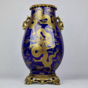 A Exquisite Ji Blue Glazed Inlaid Coppery Outline in gold Dragon Pattern Double-Ears Jar (1 of 9)