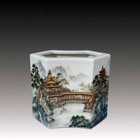 An Exquisite Famille-Rose Landscape Pattern Brush Pot (1 of 9)