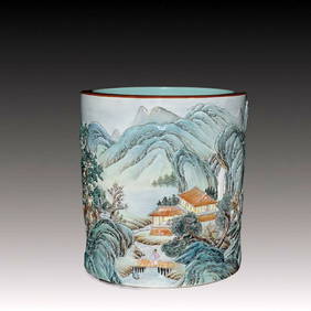 An Exquisite Famille-Rose Carved Landscape Pattern Brush Pot (1 of 9)