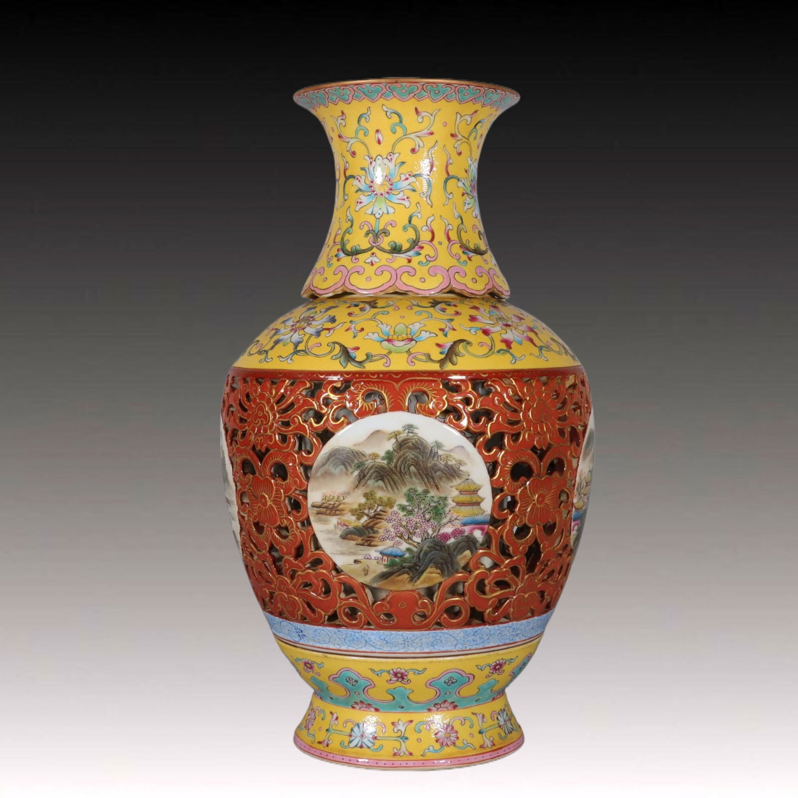 A Rare Famille-Rose Yellow Ground Painted Gold Landscape Pattern Vase (1 of 8)