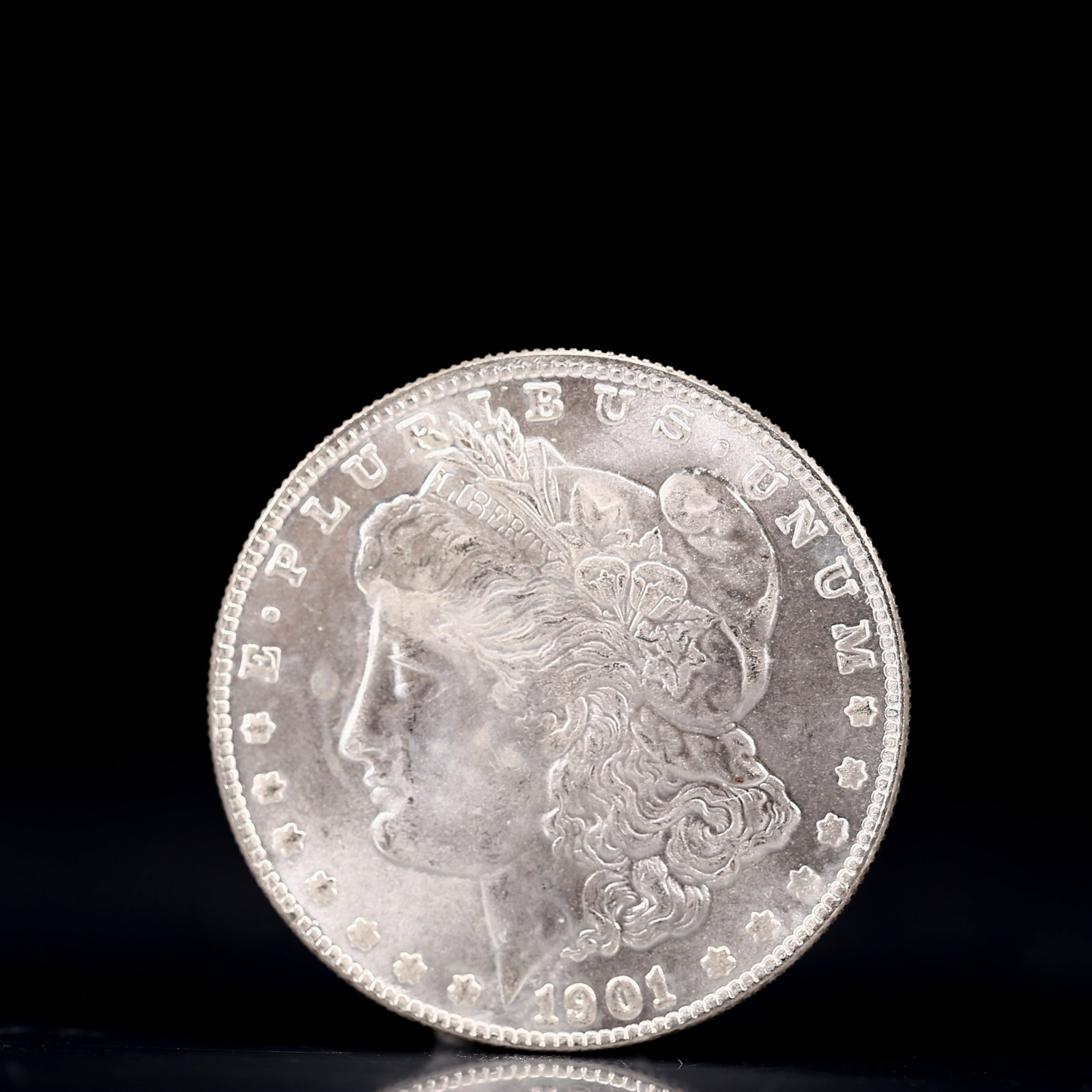 USA Morgan Dollar 1901 Coin: Obv: profile bust with date below and E PLURIBUS UNUM legend and stars around. Rev: eagle with In God we trust above within wreath with UNITED STATES OF AMERICA ONE DOLLAR legend. IN GOD WE TRUST / LI