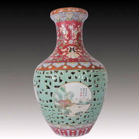 A Huge Famille-Rose Celadon Glazed Landscape and Figure Pattern Vase (1 of 8)