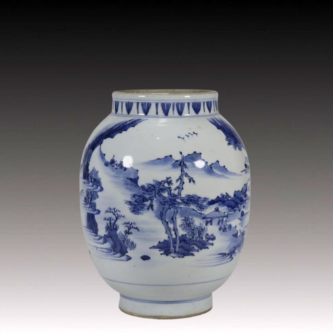 An Exquisite Blue and White Landscape and Figure Pattern Jar: An Exquisite Blue and White Landscape and Figure Pattern Jar,Ming Dynasty, China,Size:24.6cmx12cm 青花山水人物纹罐,中国明代