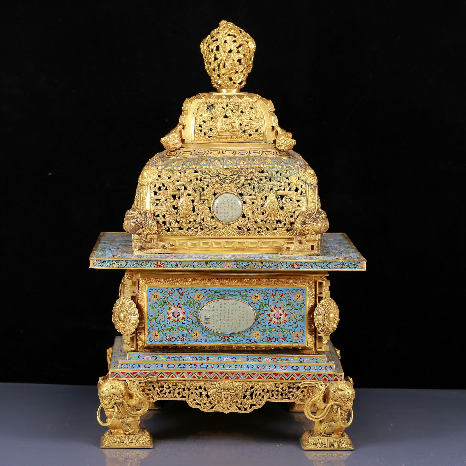A Huge Cloisonne Gilt Bronze Inlaid White Jade Eight Treasures and Dragon Pattern Censer,With Inscri (1 of 15)