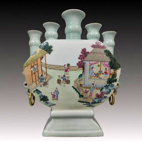 A Rare Sky Blue Glazed Famille-Rose Figure Pattern Double-Ears Vase (1 of 8)