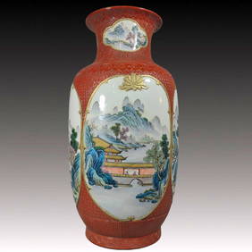 A Huge Coral Red Glazed Famille-Rose Landscape and Figure Pattern Vase (1 of 8)