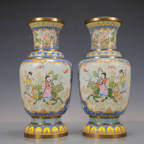 A Exquisite A pair of Coppery Enamel Pine and Crane Pattern Character and Story Pattern Vase (1 of 12)