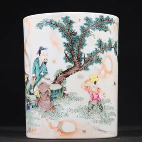 A Exquisite Famille-Rose Imitation Stone Grain Glaze Character and Story Pattern Brush Pot (1 of 9)
