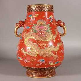 A Exquisite Enamel Iron-Red Outline in gold Dragon Pattern Double-Ears Jar (1 of 9)
