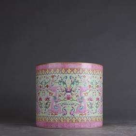 An Exquisite Green Ground Famille-Rose Lotus and Dragon Pattern Brush Pot (1 of 9)