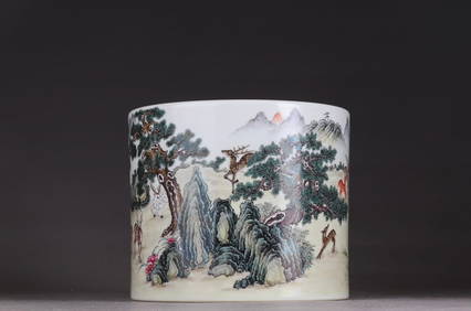 An Exquisite Famille-Rose Pine and Deer Pattern Brush Pot (1 of 9)