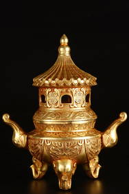 A Rare Gilt Bronze Beast-Face Pattern Elephant-Ears and Tripod Censer (1 of 9)