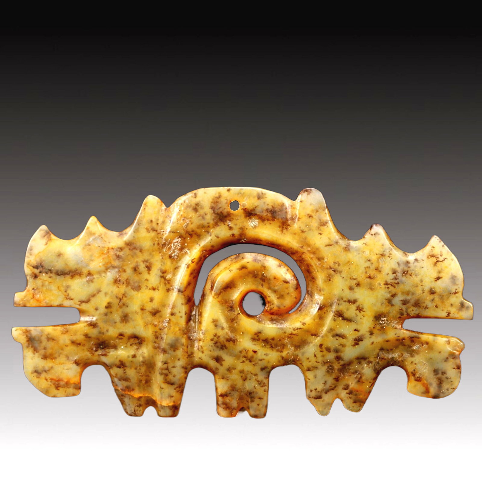 An Archaic Celadon-White Jade Pendant From Hongshan Culture: An Archaic Celadon-White Jade Pendant From Hongshan Culture. Neolithic Period. Size:11.8cmx6cm 新石器时期 红山文化 青白玉佩