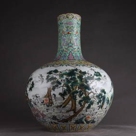 A Huge Turquoise Ground Famille-Rose Pine and Crane Pattern Vase,with poem (1 of 18)
