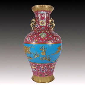 A Huge Famille-Rose Ruby Red-Glazed Dragon Pattern Double-Ears Vase (1 of 8)
