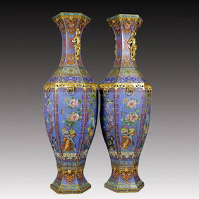 A Pair of Huge Cloisonne Flower and Bird Pattern Double-Ears Vases (1 of 12)