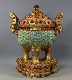 A Exquisite Gilt Bronze Inlaid Gems Double-Ears and Tripod Censer (1 of 9)