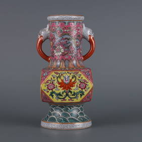 A Exquisite Famille-Rose Ruby Red-Glazed Seawater Pattern Dragon Pattern Lotus Pattern Double-Ears (1 of 9)