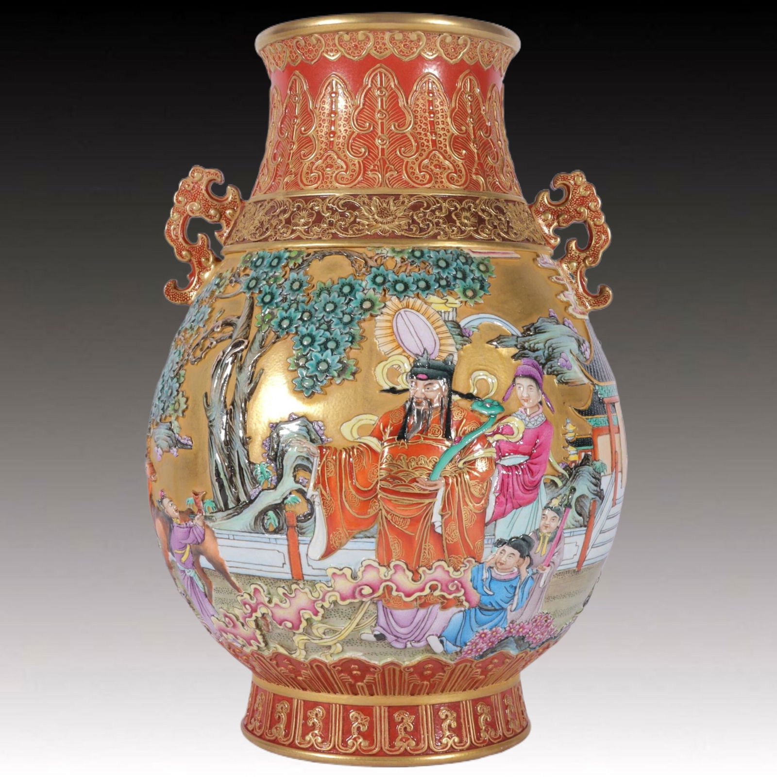 An Exquisite Enamel Gold Ground Carved Character and Story Pattern Double-Ears Vase (1 of 8)