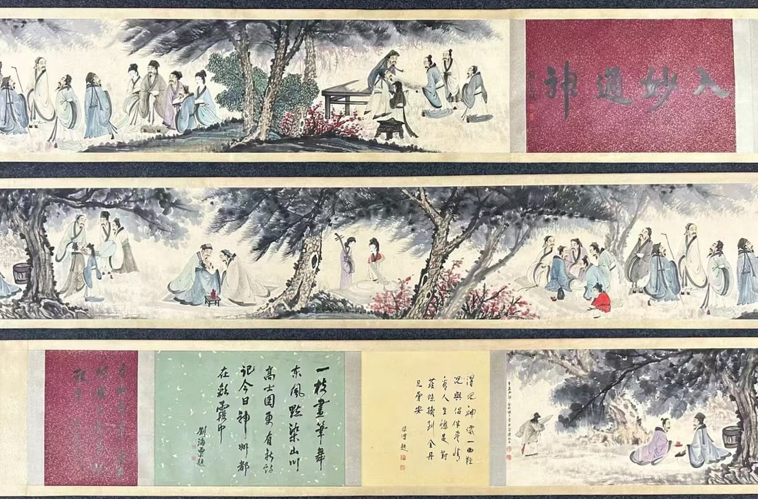 A Chinese Hand Scroll Ink Painting of Figure on Paper,Fu Baoshi: A Chinese Hand Scroll Ink Painting of Figure on Paper,Fu Baoshi,Size:(overall length)723cmx49cm,(Without frame)433cmx42.5cm 一幅中国水墨人物画