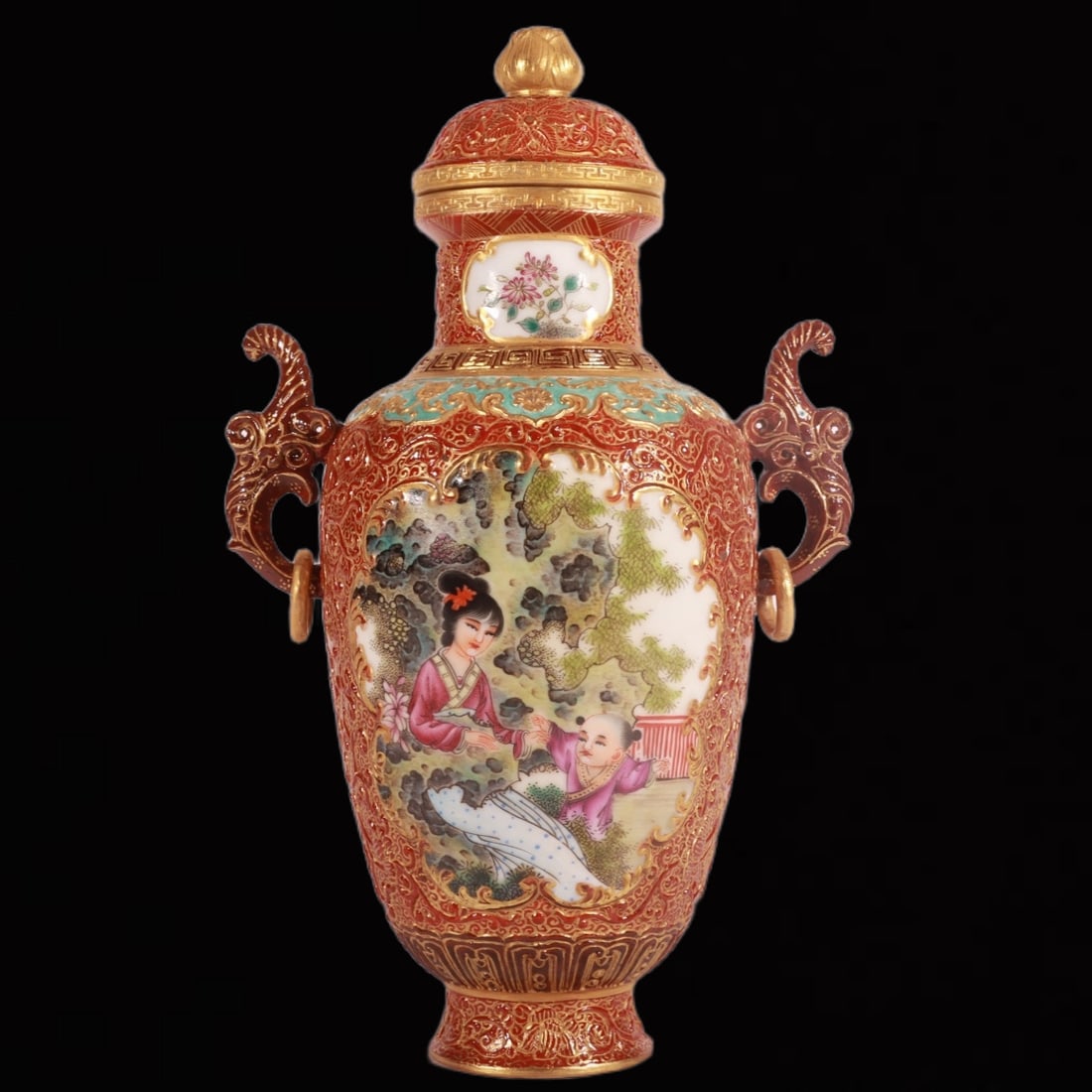 An Exquisite Iron-Red Enamel Painted Gold Carved Animal Pattern Double-Ears Jar (1 of 8)