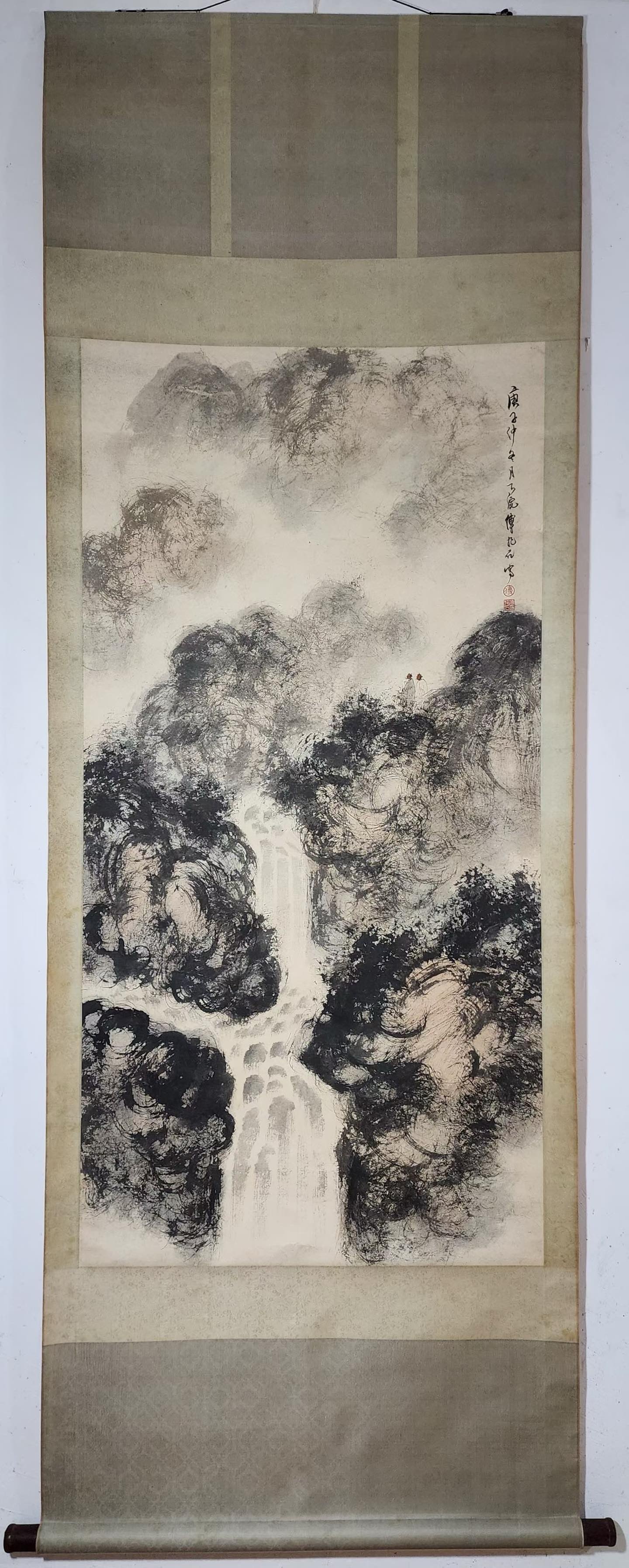 A Chinese Vertical Scroll Ink Painting of Landscape on Paper,Fu Baoshi: A Chinese Vertical Scroll Ink Painting of Landscape on Paper,Fu Baoshi,Size:(Without frame)135cmx68cm 一幅中国水墨山水画立轴,傅&