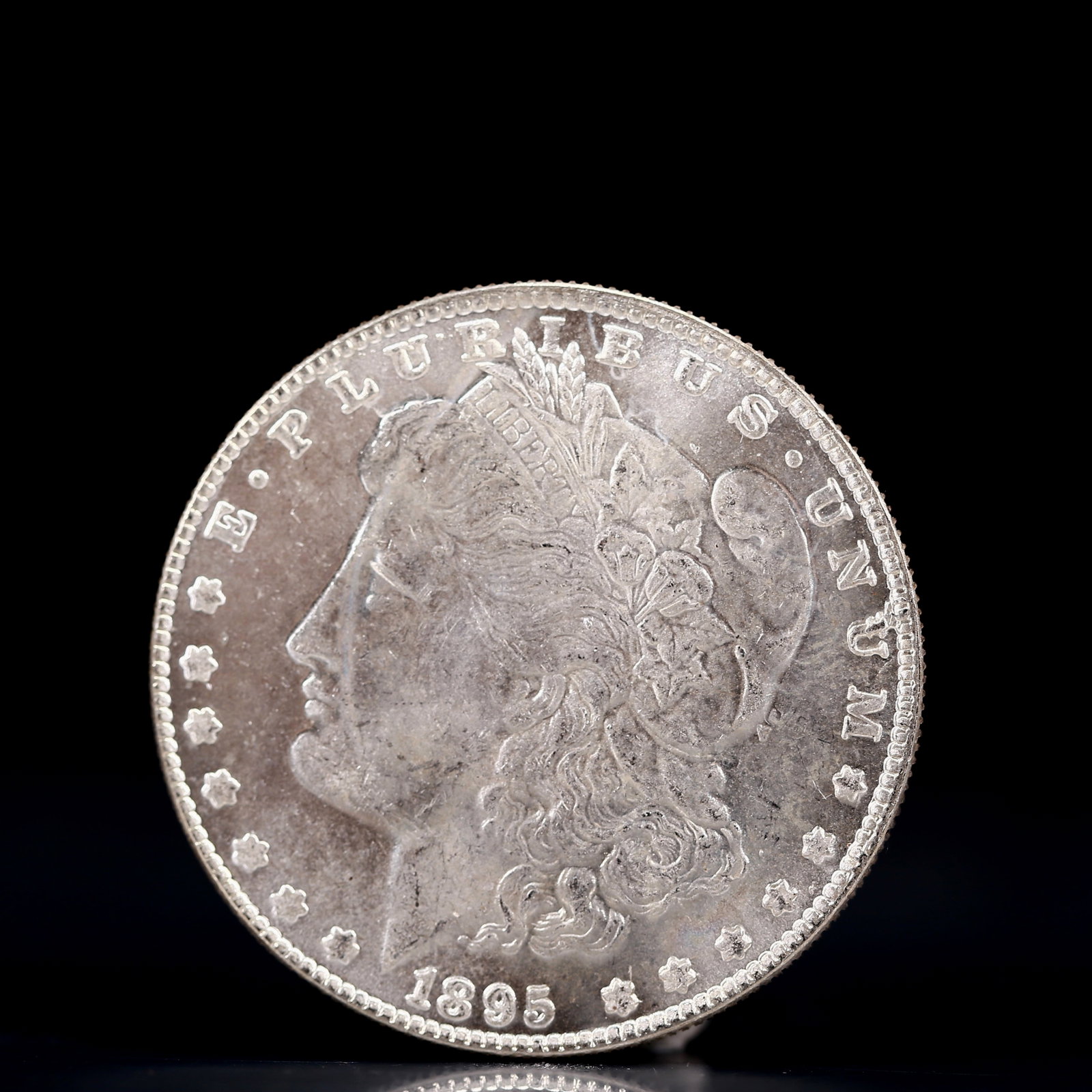 USA Morgan Dollar 1895 Coin: Obv: profile bust with date below and E PLURIBUS UNUM legend and stars around. Rev: eagle with In God we trust above within wreath with UNITED STATES OF AMERICA ONE DOLLAR legend. IN GOD WE TRUST / LI