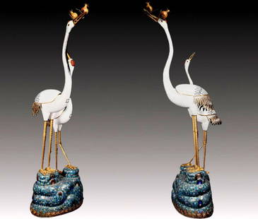 A Pair of Huge Cloisonne Crane Ornaments: A Pair of Huge Cloisonne Crane Ornaments,Qing Dynasty, China,Qianlong Four-character Mark,Size:190cmx60cmx38cm &#19968;&#23545;&#26223;&#27888;&#34013;&#20185;&#40548;&#25670;&#20214;&#65292;&#28165;&