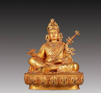 A Solemn Gilt Bronze Statue of Padma Sambhava: A Solemn Gilt Bronze Statue of Padma Sambhava,Ming Dynasty, China,Size:26cmx19cmx37cm,Weight:7955g &#38108;&#37775;&#37329;&#33714;&#33457;&#29983;&#22823;&#22763;&#20687;&#65292;&#26126;&#20195;
