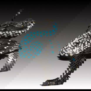 An Exquisite Bronze Inlaid Gold and Silver  Crane-Shaped Ornament,Inlaid Turquoise: An Exquisite Bronze Inlaid Gold and Silver Crane-Shaped Ornament,Inlaid Turquoise,Qing Dynasty, China,Size:14cmx10cmx6cm,Weight:606g &#38738;&#38108;&#38169;&#37329;&#38134;&#40548;&#24418;&#25670;&#2