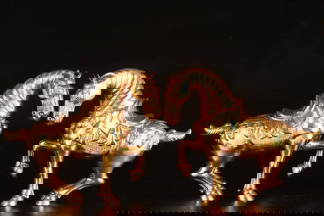 A Pair of Rare Gilt Bronze Horse Ornaments: A Pair of Rare Gilt Bronze Horse Ornaments,Tang Dynasty, China,Zhen Guan Four-character Mark,Size:28cmx10cmx23.5cm,Weight:2730g &#19968;&#23545;&#38108;&#37775;&#37329;&#39532;&#25670;&#20214;&#65292;