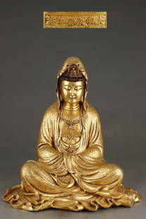A Solemn Gilt Bronze Statue of Avalokitesvara: A Solemn Gilt Bronze Statue of Avalokitesvara,Ming Dynasty, China,Yongle Six-character Mark,Size:35cmx32.5cm,Weight:9.85kg &#38108;&#37775;&#37329;&#35266;&#38899;&#20687;,&#20013;&#22269;&#26126;&#20