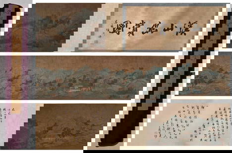 A Chinese Hand Scroll Ink Painting of Landscape on Paper,Qiu Ying: A Chinese Hand Scroll Ink Painting of Landscape on Paper,Qiu Ying,Size:220cmx36cm &#19968;&#24133;&#20013;&#22269;&#27700;&#22696;&#23665;&#27700;&#30011;&#25163;&#21367;,&#20167;&#33521;