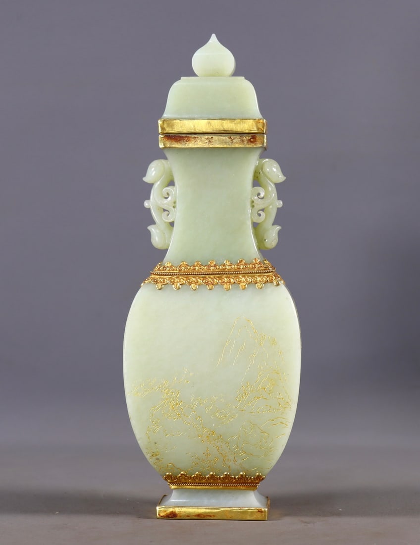 An Exquisite White Jade Cover with Gold Figure Pattern Double-Ears Bottle,with poem (1 of 10)