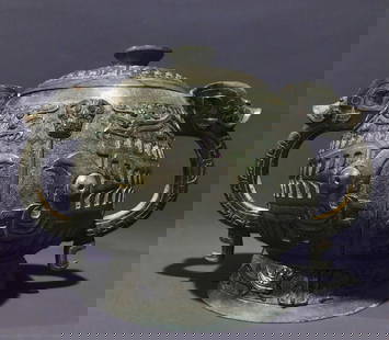 An Archaic Bronze Dragon and Phoenix Pattern Double-Ears Food Vessel: An Archaic Bronze Dragon and Phoenix Pattern Double-Ears Food Vessel,Shang and Zhou Dynasty, China,Size:24cmx35cmx24cm,Weight:5kg &#20013;&#22269;&#21830;&#21608;&#26102;&#26399;&#22804;&#40857;&#2096