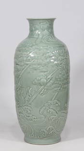 An Exquisite Celadon Glazed Dragon Pattern Seawater Pattern Vase: An Exquisite Celadon Glazed Dragon Pattern Seawater Pattern Vase Qing Dynasty, China Qianlong Six-character Mark Size:44.2cmx20cm&#35910;&#38738;&#37321;&#38613;&#21051;&#40060;&#40857;&#28023;&#27700