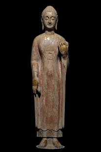 A Fine Limestone carving Painted Color Outline in gold Buddha statue: A Fine Limestone carving Painted Color Outline in gold Buddha statue Beiqi Dynasty, China Size:115cm北齊 贴金彩绘佛造像
