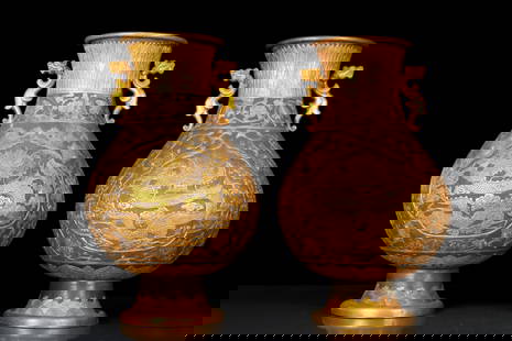 A Pair of Rare Gilt Silver Dragon Pattern Double-ears Vases: A Pair of Rare Gilt Silver Dragon Pattern Double-ears Vases,Qing Dynasty, China ,Size:19cmx34cm ,Total Weight:2180g &#38134;&#37775;&#37329;&#40857;&#32441;&#21452;&#32819;&#29942;&#19968;&#23545;&#65