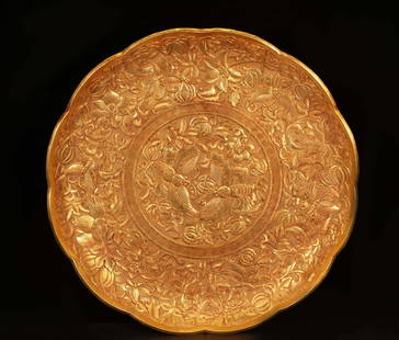 An Exquisite Gilt Bronze Flower and Bird Pattern Plate: An Exquisite Gilt Bronze Flower and Bird Pattern Plate,Qing Dynasty, China,Qianlong Four-character Mark,Size:3cmx28cm,Weight:2465g &#38108;&#37775;&#37329;&#33457;&#40479;&#32441;&#30424;,&#20013;&#22