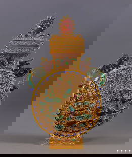 A Exquisite Gilt Bronze Inlaid Gems Flower Pattern Fish Pattern Double-Ears Vase Ornament: A Exquisite Gilt Bronze Inlaid Gems Flower Pattern Fish Pattern Double-Ears Vase Ornament Qing Dynasty, China Qianlong Four-character Mark Size:7.7inx4.3inx1.8inWeight:385g花丝鎏%