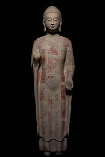 A Fine Limestone carving Painted Color Outline in gold Buddha statue: A Fine Limestone carving Painted Color Outline in gold Buddha statue Beiqi Dynasty, China Size:52.4in&#21271;&#40778; &#38738;&#24030;&#20315;&#36896;&#20687;Size:133cm